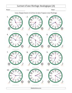 Lecture de l'Heure sur Une Horloge Analogique utilisant le système horaire sur 12 heures avec 5 Secondes d'Intervalle (12 Horloges)