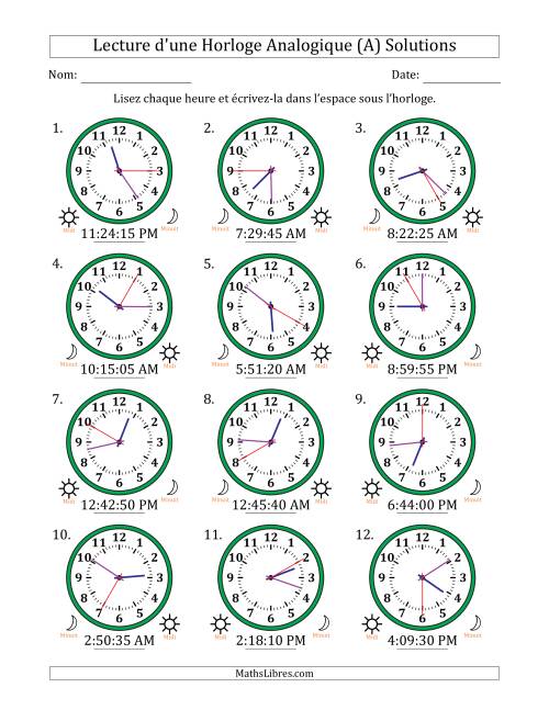 Lecture de l'Heure sur Une Horloge Analogique utilisant le système horaire sur 12 heures avec 5 Secondes d'Intervalle (12 Horloges) (A) page 2