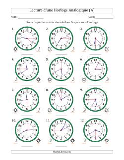 Lecture de l'Heure sur Une Horloge Analogique utilisant le système horaire sur 12 heures avec 15 Secondes d'Intervalle (12 Horloges)