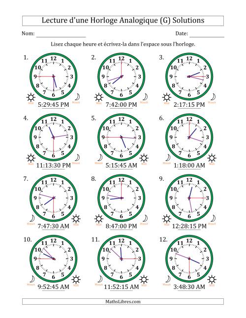 Lecture de l'Heure sur Une Horloge Analogique utilisant le système horaire sur 12 heures avec 15 Secondes d'Intervalle (12 Horloges) (G) page 2