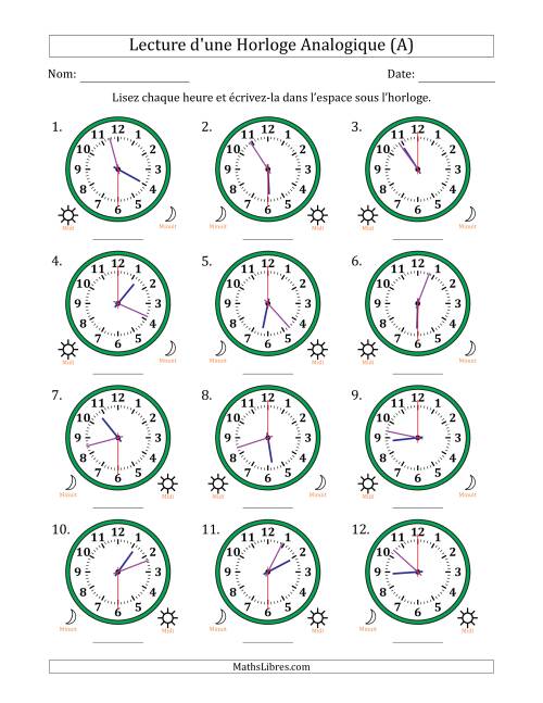 Lecture de l'Heure sur Une Horloge Analogique utilisant le système horaire sur 12 heures avec 30 Secondes d'Intervalle (12 Horloges) (A)