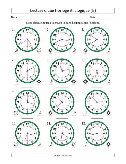 Lecture de l'Heure sur Une Horloge Analogique utilisant le système horaire sur 12 heures avec 30 Secondes d'Intervalle (12 Horloges) (E)