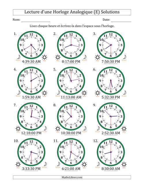 Lecture de l'Heure sur Une Horloge Analogique utilisant le système horaire sur 12 heures avec 30 Secondes d'Intervalle (12 Horloges) (E) page 2