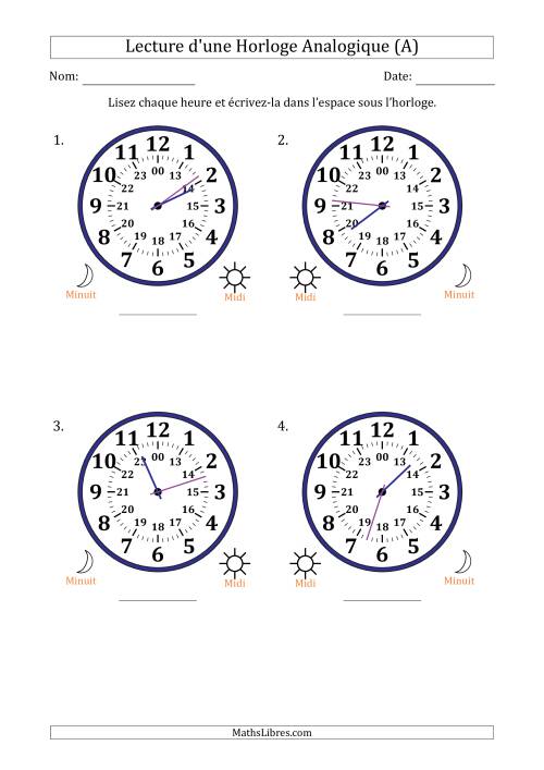 Lecture de l'Heure sur Une Horloge Analogique utilisant le système horaire sur 24 heures avec 1 Minutes d'Intervalle (4 Horloges) (A)