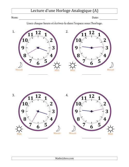 Lecture de l'Heure sur Une Horloge Analogique utilisant le système horaire sur 12 heures avec 1 Minutes d'Intervalle (4 Horloges) (A)