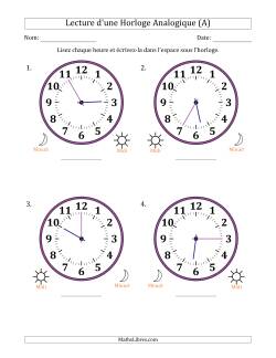 Lecture de l'Heure sur Une Horloge Analogique utilisant le système horaire sur 12 heures avec 5 Minutes d'Intervalle (4 Horloges)