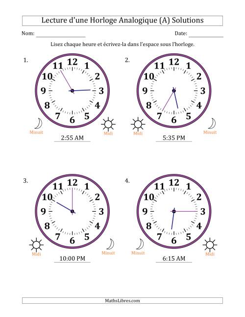 Lecture de l'Heure sur Une Horloge Analogique utilisant le système horaire sur 12 heures avec 5 Minutes d'Intervalle (4 Horloges) (A) page 2