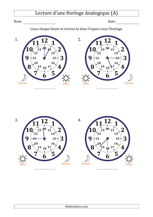 Lecture de l'Heure sur Une Horloge Analogique utilisant le système horaire sur 24 heures avec 15 Minutes d'Intervalle (4 Horloges) (A)
