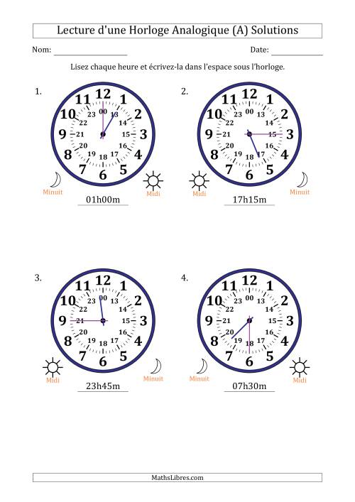 Lecture de l'Heure sur Une Horloge Analogique utilisant le système horaire sur 24 heures avec 15 Minutes d'Intervalle (4 Horloges) (A) page 2