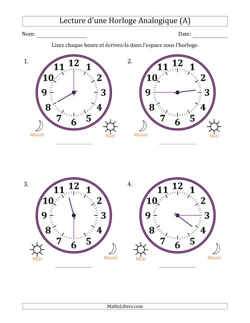 Lecture de l'Heure sur Une Horloge Analogique utilisant le système horaire sur 12 heures avec 15 Minutes d'Intervalle (4 Horloges) (A)