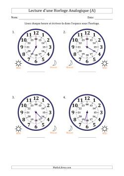 Lecture de l'Heure sur Une Horloge Analogique utilisant le système horaire sur 24 heures avec 30 Minutes d'Intervalle (4 Horloges)