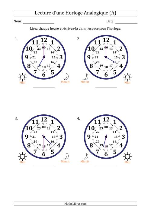 Lecture de l'Heure sur Une Horloge Analogique utilisant le système horaire sur 24 heures avec 30 Minutes d'Intervalle (4 Horloges) (A)