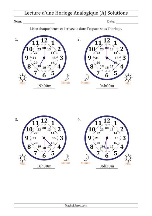 Lecture de l'Heure sur Une Horloge Analogique utilisant le système horaire sur 24 heures avec 30 Minutes d'Intervalle (4 Horloges) (A) page 2