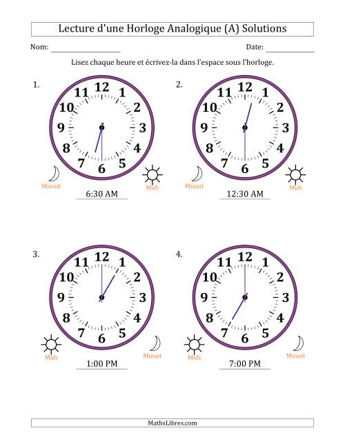 Lecture de l'Heure sur Une Horloge Analogique utilisant le système horaire sur 12 heures avec 30 Minutes d'Intervalle (4 Horloges) (A) page 2