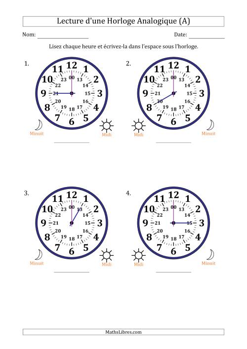 Lecture de l'Heure sur Une Horloge Analogique utilisant le système horaire sur 24 heures avec 1 Heures d'Intervalle (4 Horloges) (A)