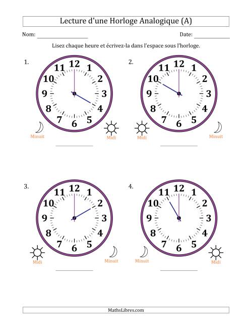 Lecture de l'Heure sur Une Horloge Analogique utilisant le système horaire sur 12 heures avec 1 Heures d'Intervalle (4 Horloges) (A)