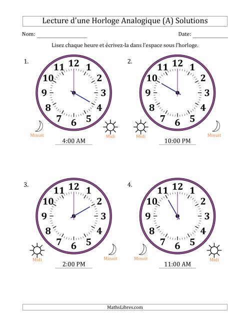 Lecture de l'Heure sur Une Horloge Analogique utilisant le système horaire sur 12 heures avec 1 Heures d'Intervalle (4 Horloges) (A) page 2