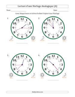 Lecture de l'Heure sur Une Horloge Analogique utilisant le système horaire sur 12 heures avec 1 Secondes d'Intervalle (4 Horloges)