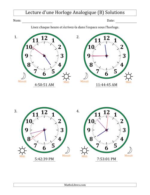 Lecture de l'Heure sur Une Horloge Analogique utilisant le système horaire sur 12 heures avec 1 Secondes d'Intervalle (4 Horloges) (B) page 2