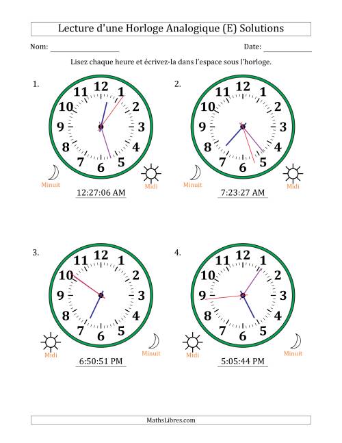 Lecture de l'Heure sur Une Horloge Analogique utilisant le système horaire sur 12 heures avec 1 Secondes d'Intervalle (4 Horloges) (E) page 2