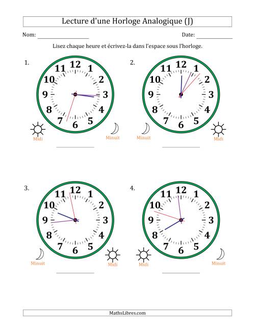Lecture de l'Heure sur Une Horloge Analogique utilisant le système horaire sur 12 heures avec 1 Secondes d'Intervalle (4 Horloges) (J)