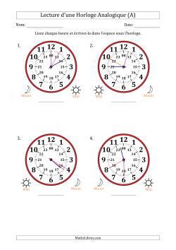 Lecture de l'Heure sur Une Horloge Analogique utilisant le système horaire sur 24 heures avec 5 Secondes d'Intervalle (4 Horloges)