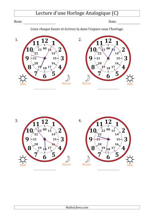 Lecture de l'Heure sur Une Horloge Analogique utilisant le système horaire sur 24 heures avec 5 Secondes d'Intervalle (4 Horloges) (C)