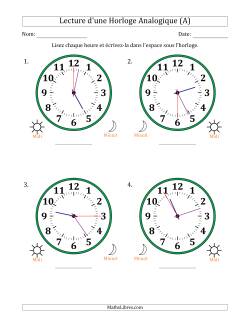 Lecture de l'Heure sur Une Horloge Analogique utilisant le système horaire sur 12 heures avec 5 Secondes d'Intervalle (4 Horloges)