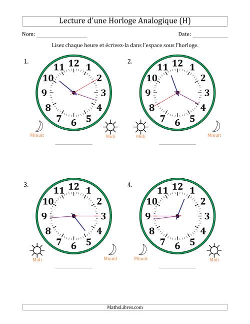 Lecture de l'Heure sur Une Horloge Analogique utilisant le système horaire sur 12 heures avec 5 Secondes d'Intervalle (4 Horloges) (H)
