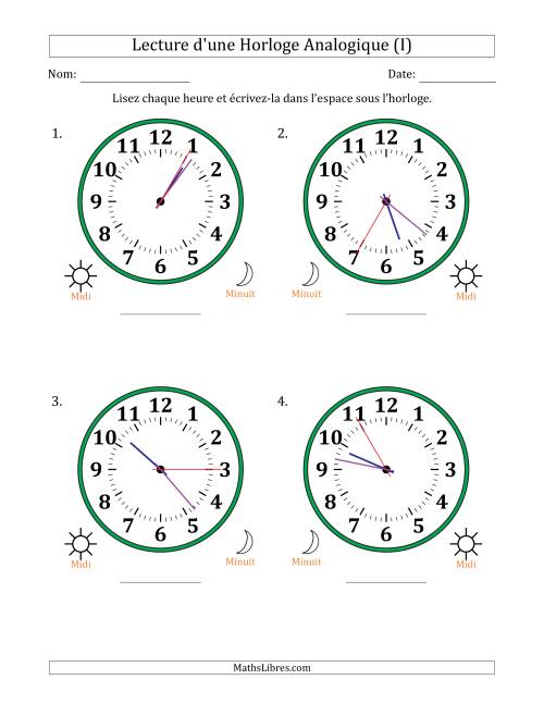 Lecture de l'Heure sur Une Horloge Analogique utilisant le système horaire sur 12 heures avec 5 Secondes d'Intervalle (4 Horloges) (I)