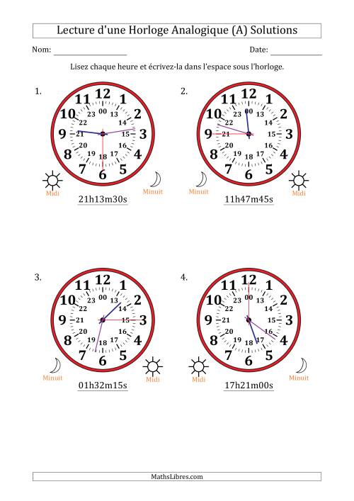 Lecture de l'Heure sur Une Horloge Analogique utilisant le système horaire sur 24 heures avec 15 Secondes d'Intervalle (4 Horloges) (A) page 2
