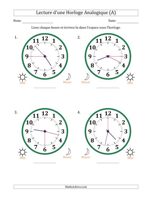 Lecture de l'Heure sur Une Horloge Analogique utilisant le système horaire sur 12 heures avec 15 Secondes d'Intervalle (4 Horloges) (A)