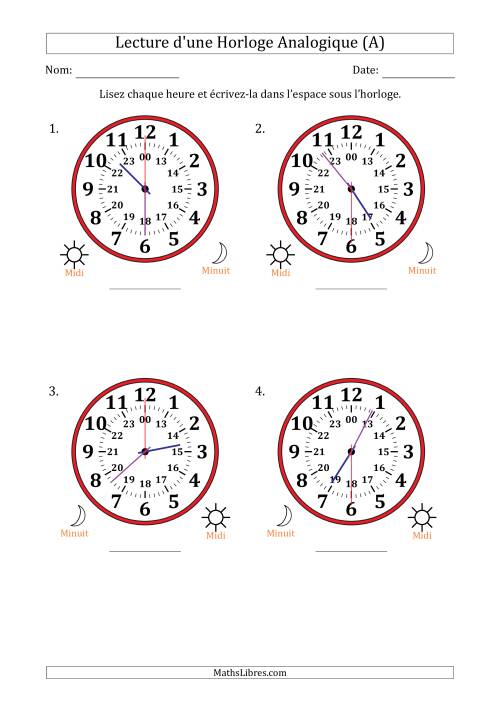 Lecture de l'Heure sur Une Horloge Analogique utilisant le système horaire sur 24 heures avec 30 Secondes d'Intervalle (4 Horloges) (A)