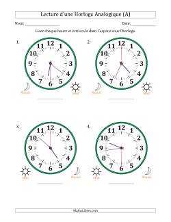 Lecture de l'Heure sur Une Horloge Analogique utilisant le système horaire sur 12 heures avec 30 Secondes d'Intervalle (4 Horloges)