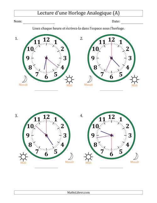 Lecture de l'Heure sur Une Horloge Analogique utilisant le système horaire sur 12 heures avec 30 Secondes d'Intervalle (4 Horloges) (A)
