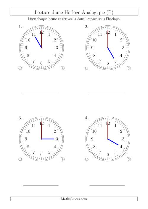 Lecture de l'Heure sur Une Horloge Analogique avec 60 Minutes & Secondes d'Intervalle (4 Horloges) (B)