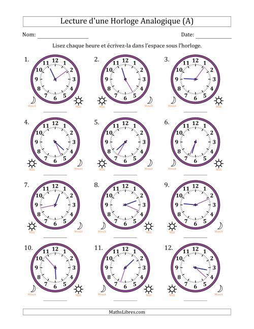 Lecture de l'Heure sur Une Horloge Analogique utilisant le système horaire sur 12 heures avec 1 Minutes d'Intervalle (12 Horloges) (A)
