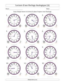 Lecture de l'Heure sur Une Horloge Analogique utilisant le système horaire sur 12 heures avec 15 Minutes d'Intervalle (12 Horloges)