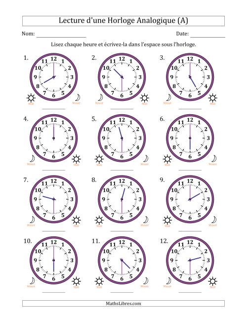 Lecture de l'Heure sur Une Horloge Analogique utilisant le système horaire sur 12 heures avec 30 Minutes d'Intervalle (12 Horloges) (A)