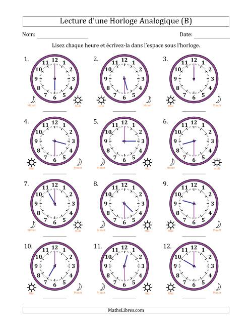 Lecture de l'Heure sur Une Horloge Analogique utilisant le système horaire sur 12 heures avec 30 Minutes d'Intervalle (12 Horloges) (B)