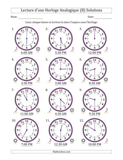 Lecture de l'Heure sur Une Horloge Analogique utilisant le système horaire sur 12 heures avec 30 Minutes d'Intervalle (12 Horloges) (B) page 2