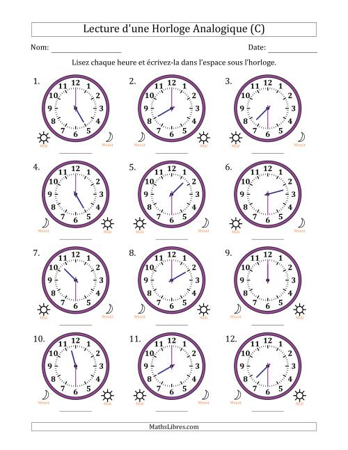 Lecture de l'Heure sur Une Horloge Analogique utilisant le système horaire sur 12 heures avec 30 Minutes d'Intervalle (12 Horloges) (C)