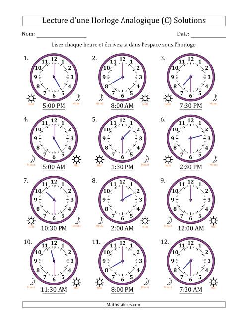 Lecture de l'Heure sur Une Horloge Analogique utilisant le système horaire sur 12 heures avec 30 Minutes d'Intervalle (12 Horloges) (C) page 2