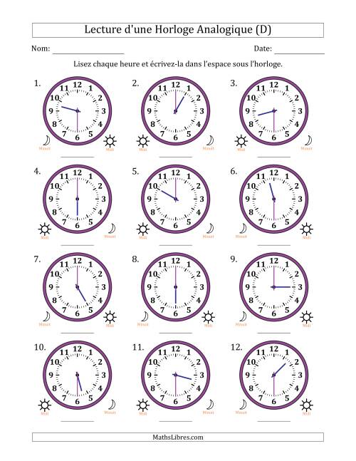 Lecture de l'Heure sur Une Horloge Analogique utilisant le système horaire sur 12 heures avec 30 Minutes d'Intervalle (12 Horloges) (D)