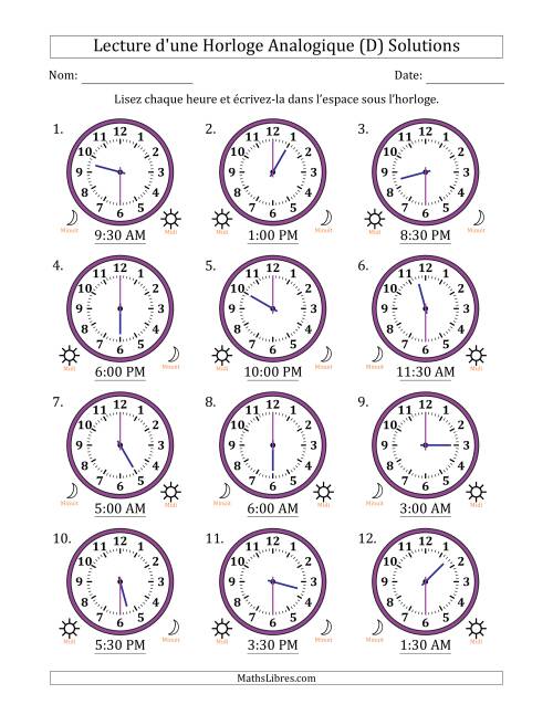 Lecture de l'Heure sur Une Horloge Analogique utilisant le système horaire sur 12 heures avec 30 Minutes d'Intervalle (12 Horloges) (D) page 2