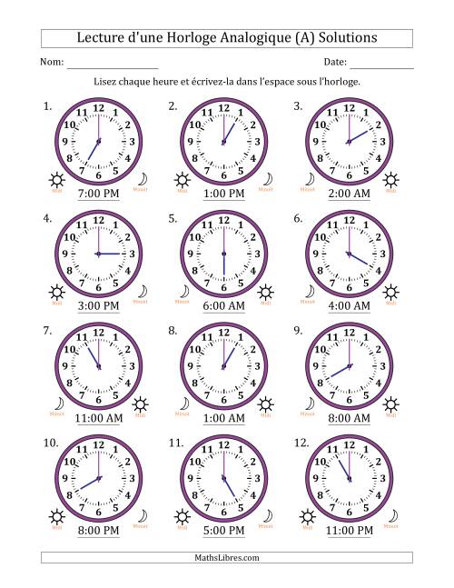 Lecture de l'Heure sur Une Horloge Analogique utilisant le système horaire sur 12 heures avec 1 Heures d'Intervalle (12 Horloges) (A) page 2