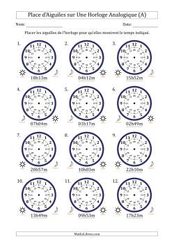 Place d'Aiguiles sur Une Horloge Analogique utilisant le système horaire sur 24 heures avec 1 Minutes d'Intervalle (12 Horloges)