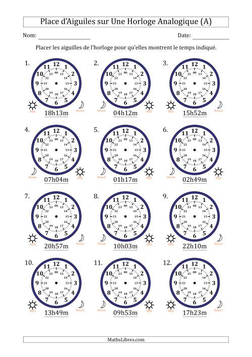 Place d'Aiguiles sur Une Horloge Analogique utilisant le système horaire sur 24 heures avec 1 Minutes d'Intervalle (12 Horloges) (A)