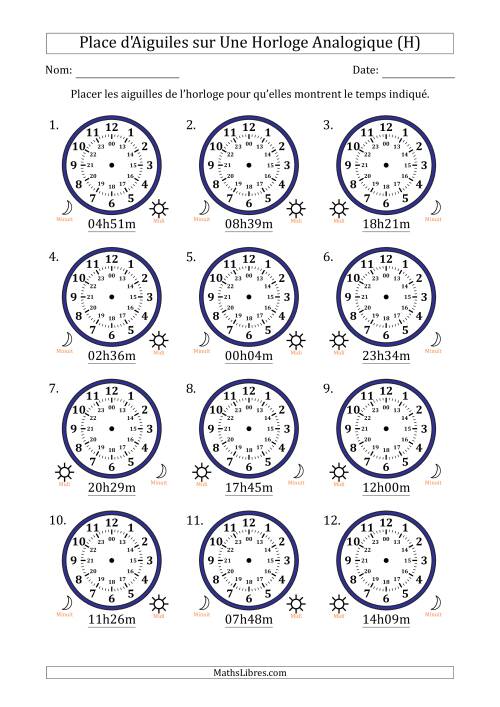 Place d'Aiguiles sur Une Horloge Analogique utilisant le système horaire sur 24 heures avec 1 Minutes d'Intervalle (12 Horloges) (H)