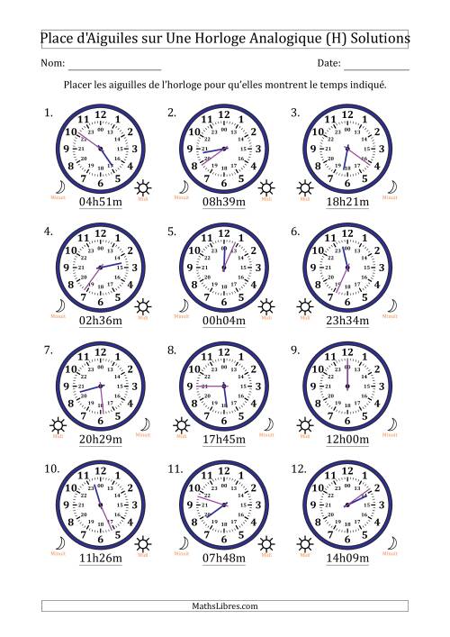 Place d'Aiguiles sur Une Horloge Analogique utilisant le système horaire sur 24 heures avec 1 Minutes d'Intervalle (12 Horloges) (H) page 2